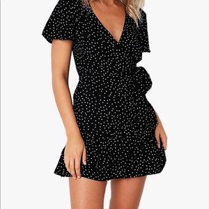 Black polka dot wrap dress